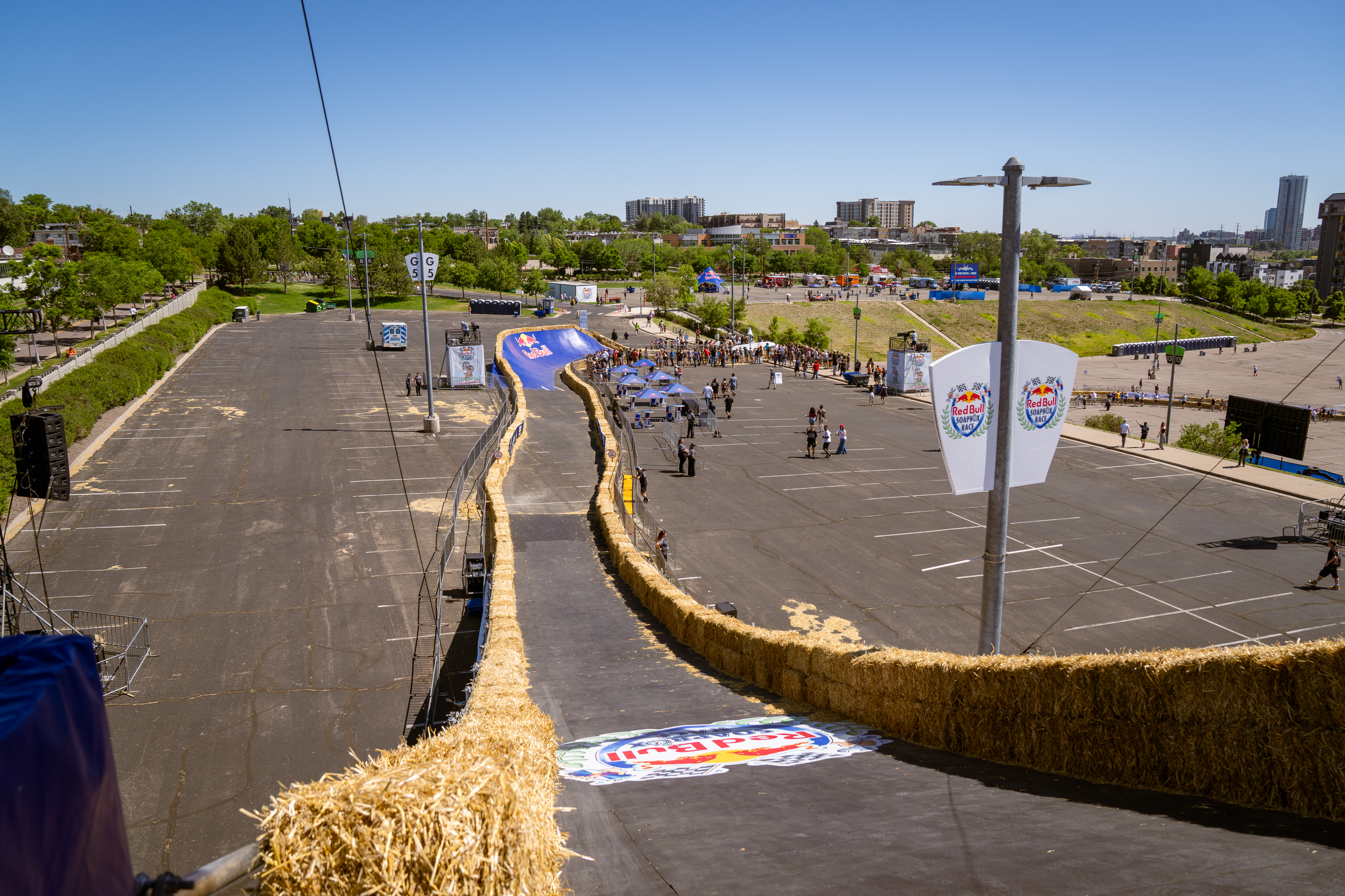 A view from the starting line at the Red Bull Soapbox Race shows a steep decline and a tight turn at the "berm."