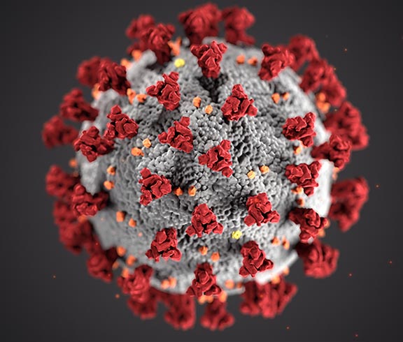 COVID virus depicted as sphere with red spikes 