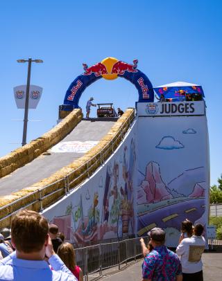 The Replay Racer stands ready at the starting line, atop a 30-foot hill.